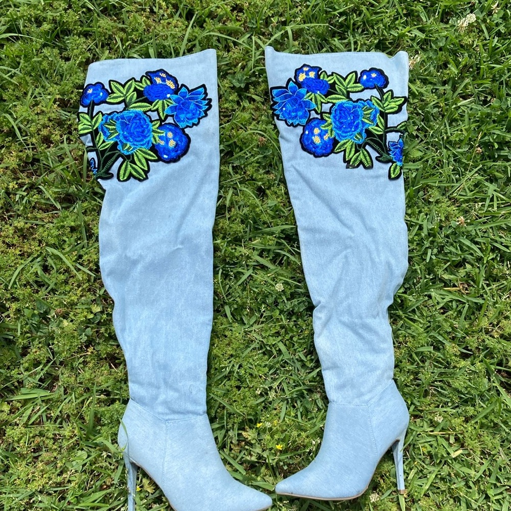 Anne Michelle Denim embroidered over the knee boots.